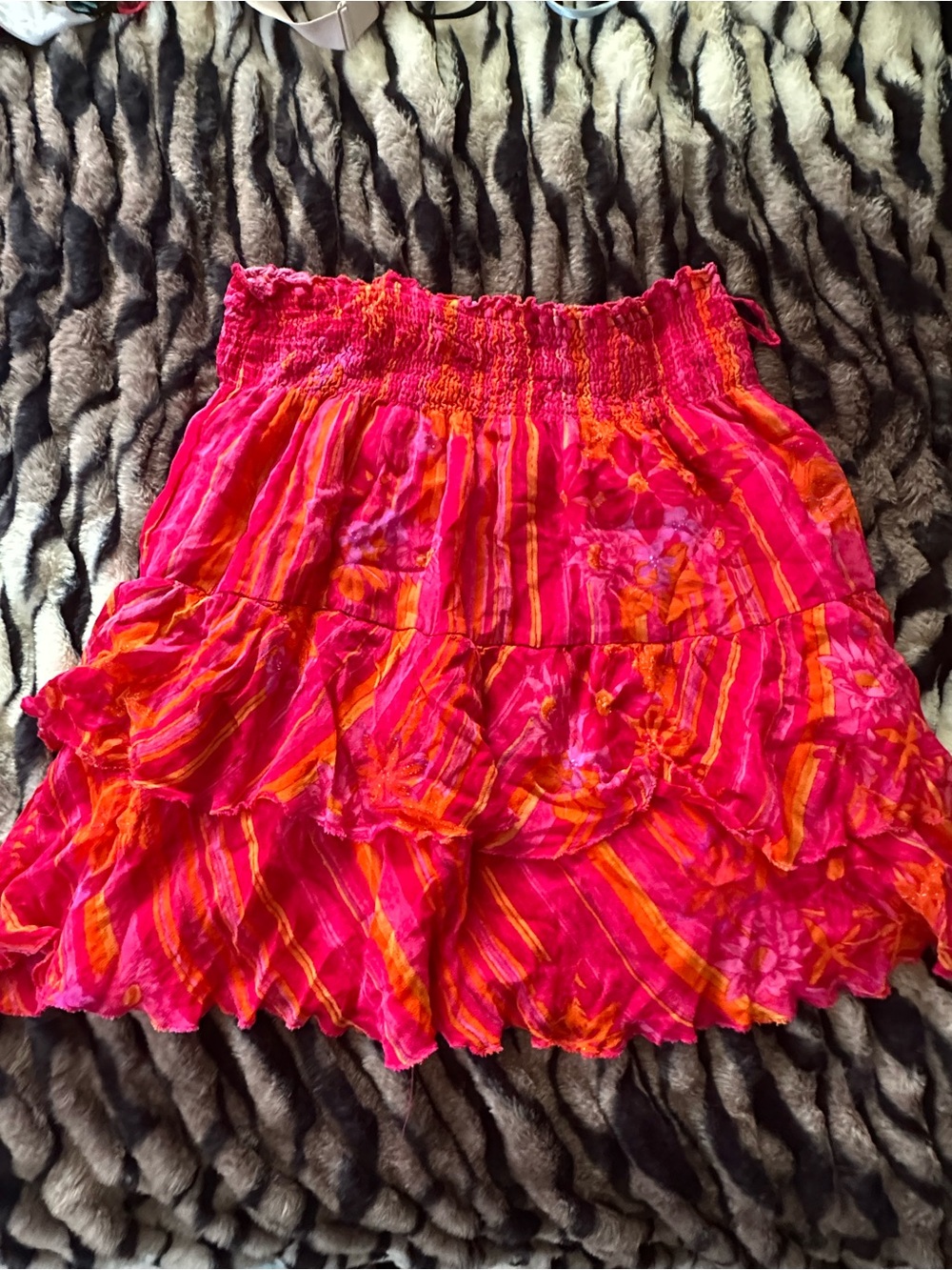 Smocked Waist Pink & Orange Floral Tiered Skater Skirt